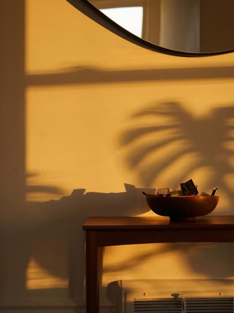 Late afternoon light across a plaster wall, casting the shadow of a monstera behind a wooden console and round mirror.